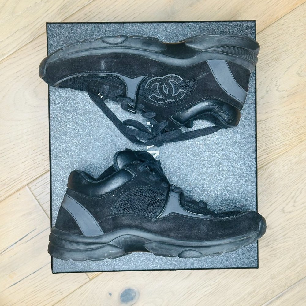 Chanel 15P Black Suede and Leather Sneakers - Picture 2 of 12